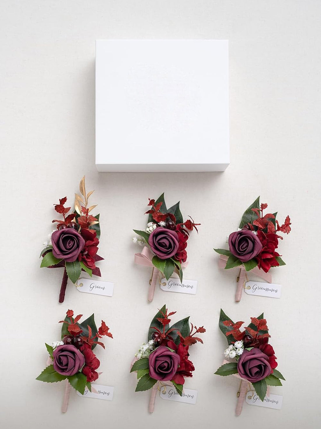 Burgundy Marsala 6pcs Groom Groomsmen Boutonniere