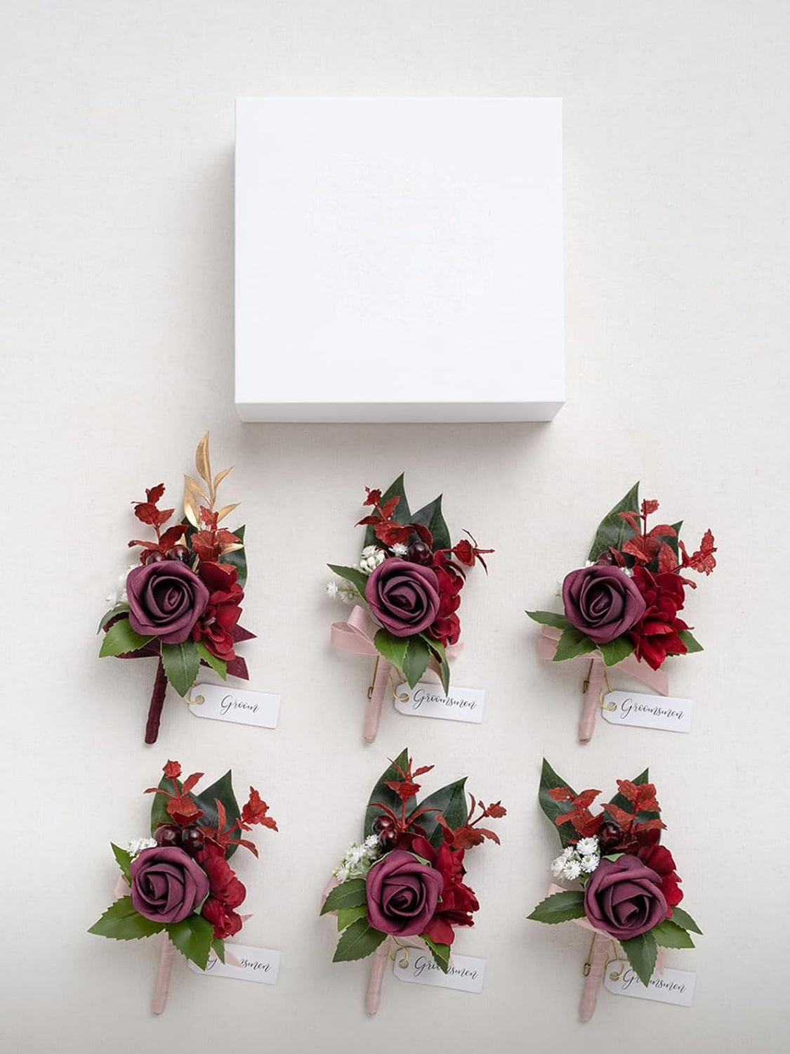 Burgundy Marsala 6pcs Groom Groomsmen Boutonniere