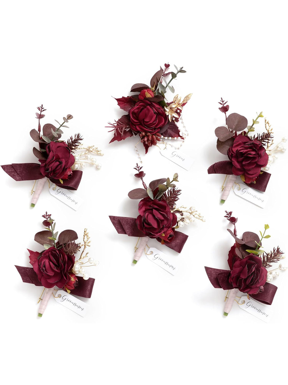 Burgundy Dusty Rose 6pcs Groom Groomsmen Boutonniere