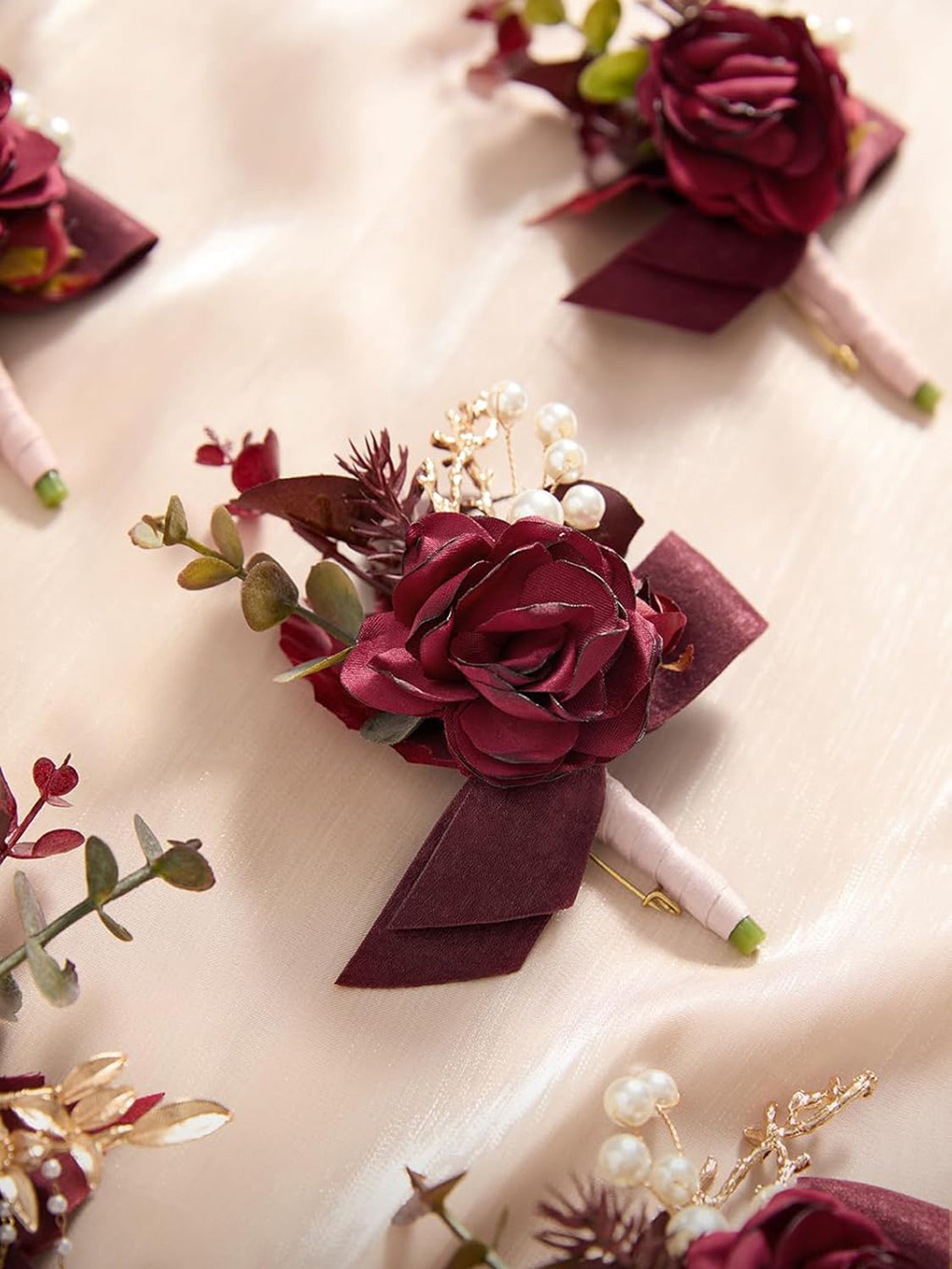 Burgundy Dusty Rose 6pcs Groom Groomsmen Boutonniere