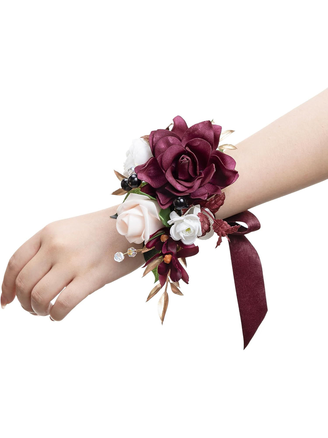 Marsala White Burgundy 2pcs Prom Wrist Corsage Artificial Flower