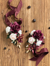 Marsala White Burgundy 2pcs Prom Wrist Corsage Artificial Flower