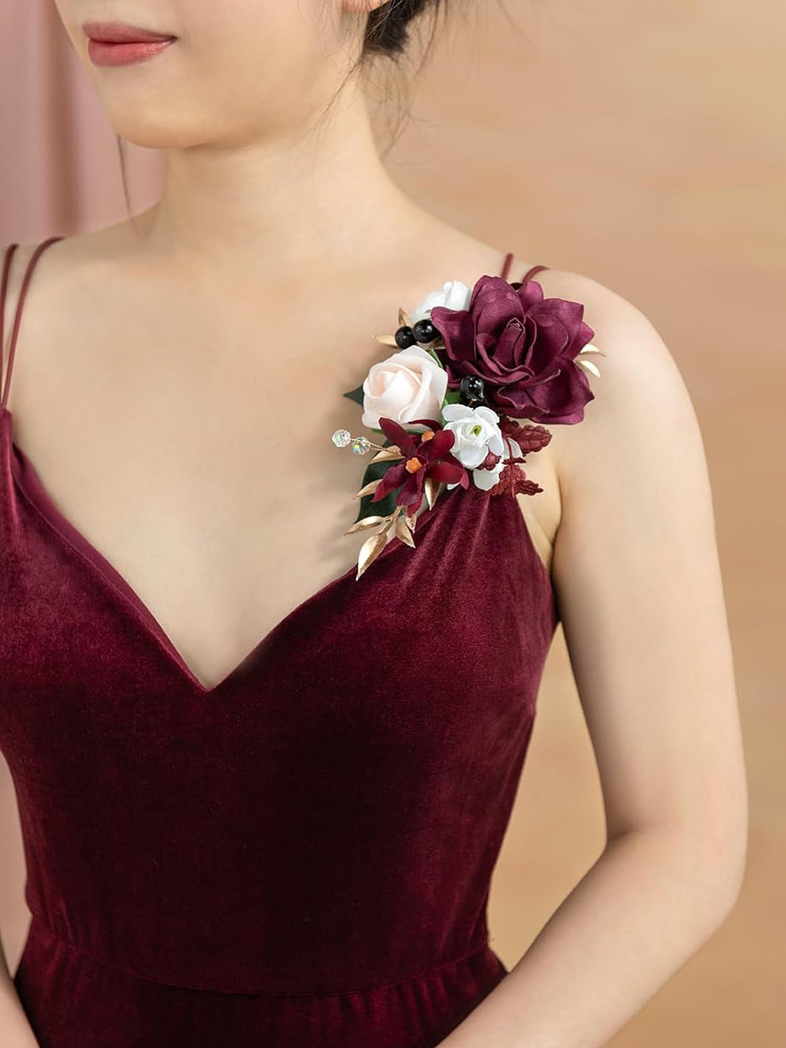 Marsala White Burgundy 2pcs Prom Wrist Corsage Artificial Flower