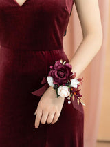 Marsala White Burgundy 2pcs Prom Wrist Corsage Artificial Flower