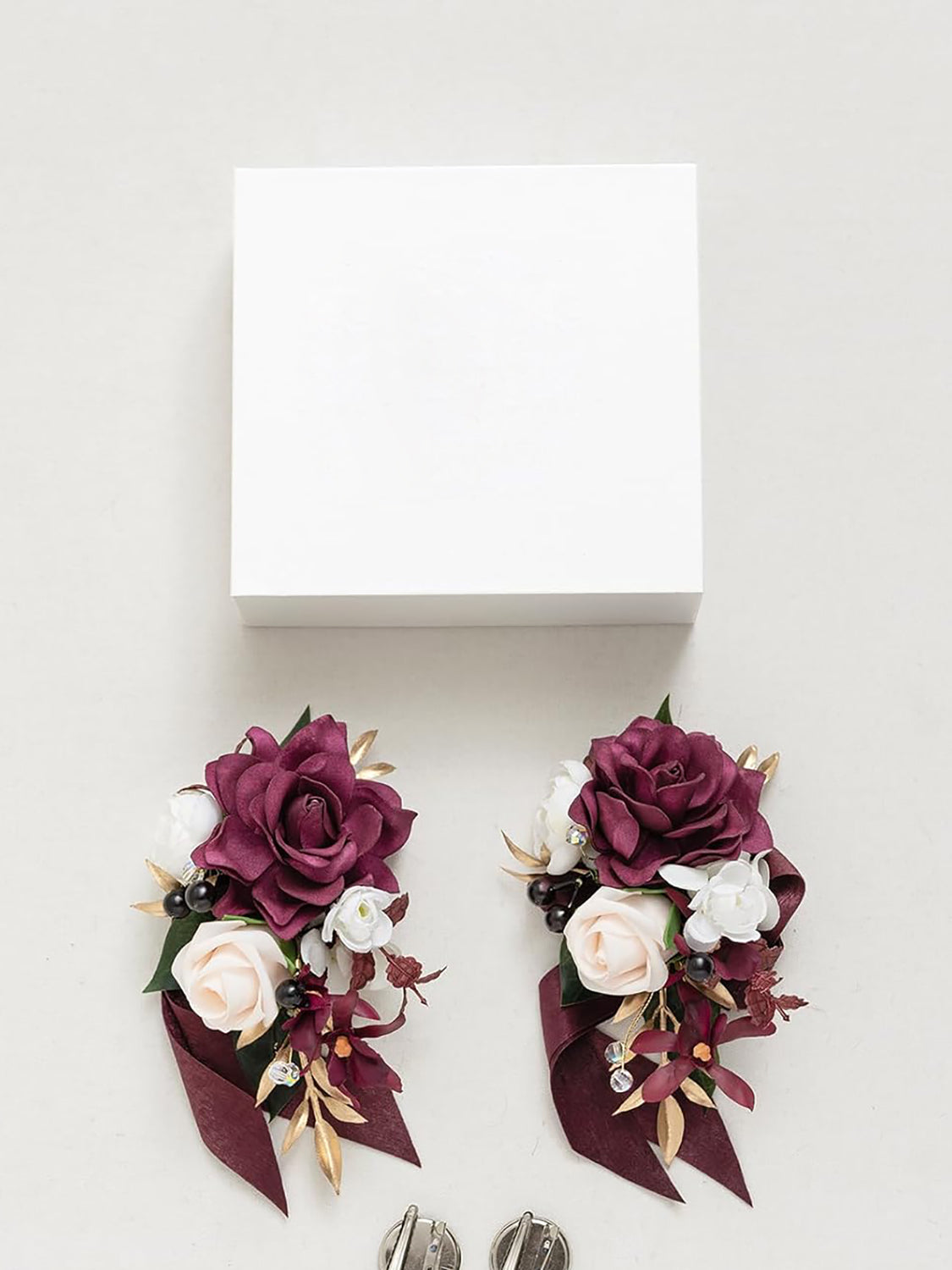 Marsala White Burgundy 2pcs Prom Wrist Corsage Artificial Flower
