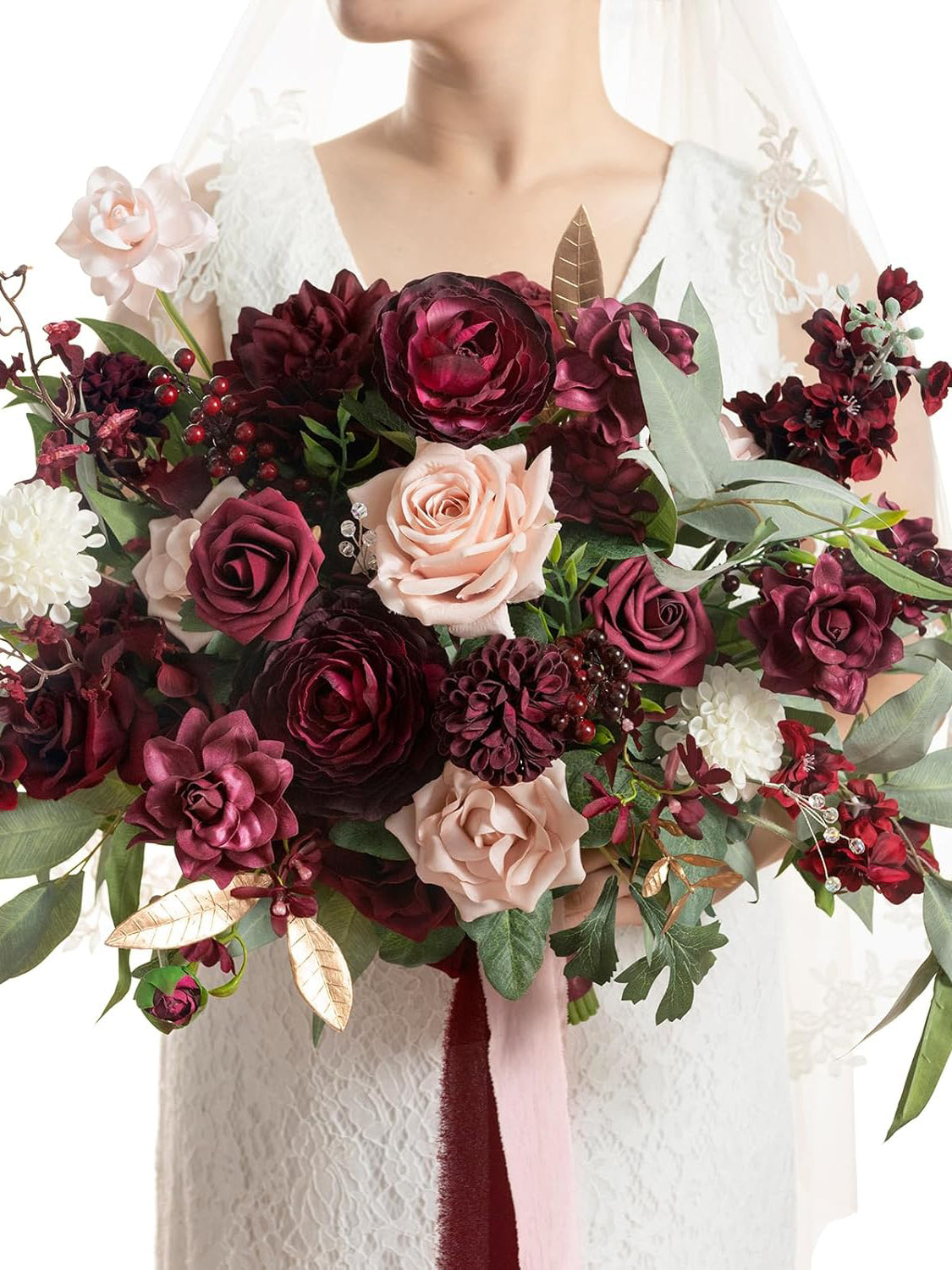 Red Marsala & Blush 17 Inch Wedding Bouquets for Bride