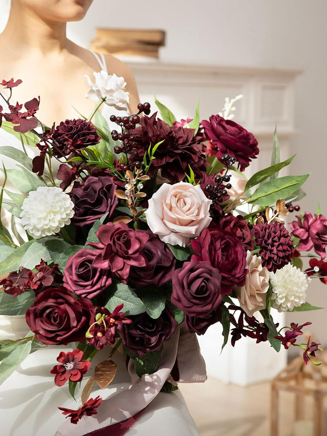 Red Marsala & Blush 17 Inch Wedding Bouquets for Bride