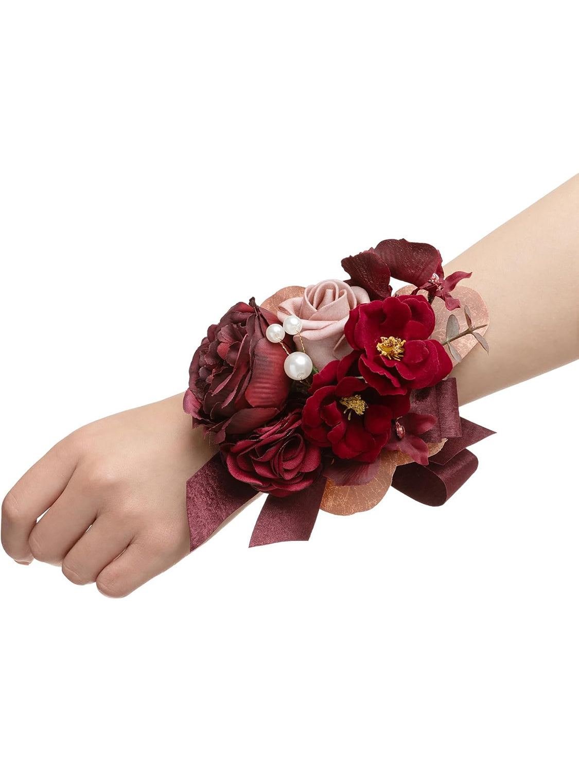 Burgundy Dusty Rose 6pcs Wedding Wrist Corsage Artificial Flowers