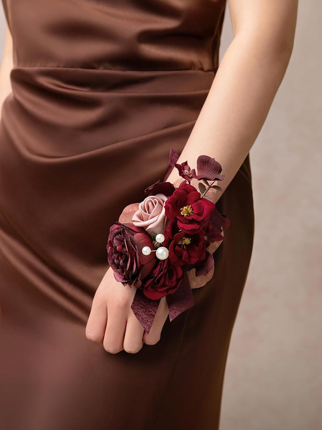 Burgundy Dusty Rose 6pcs Wedding Wrist Corsage Artificial Flowers