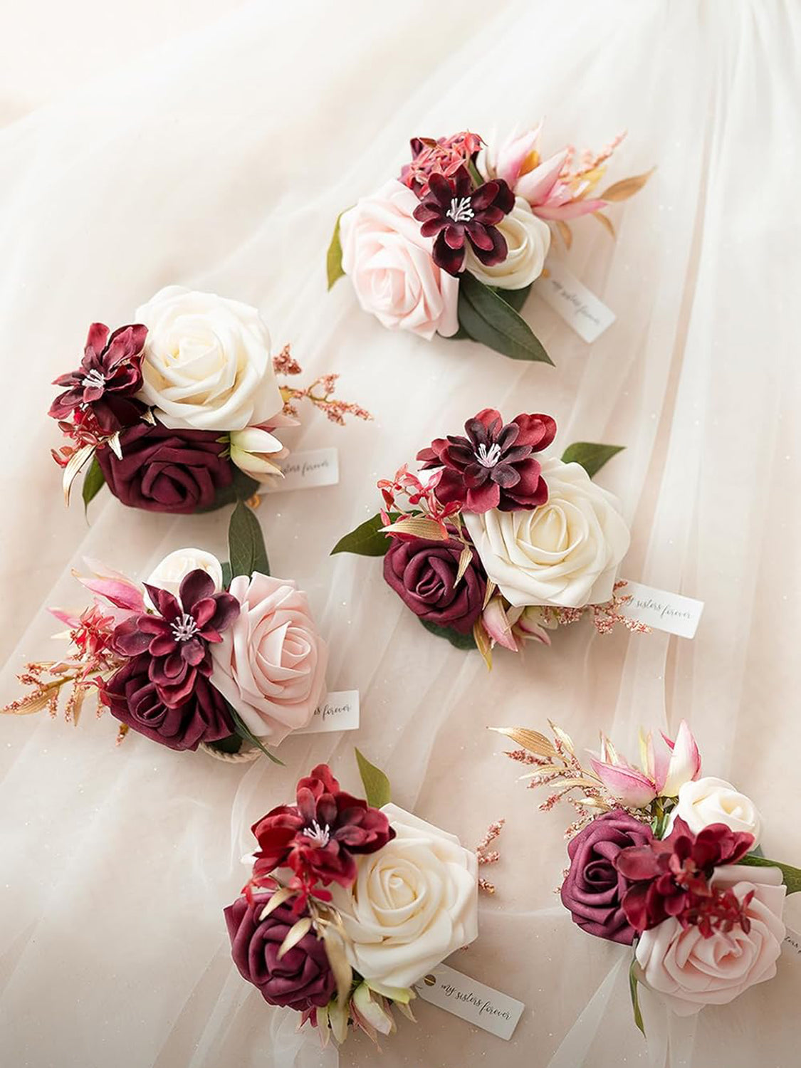 Burgundy Marsala Blush 6pcs Wedding Wrist Corsage Artificial Flowers