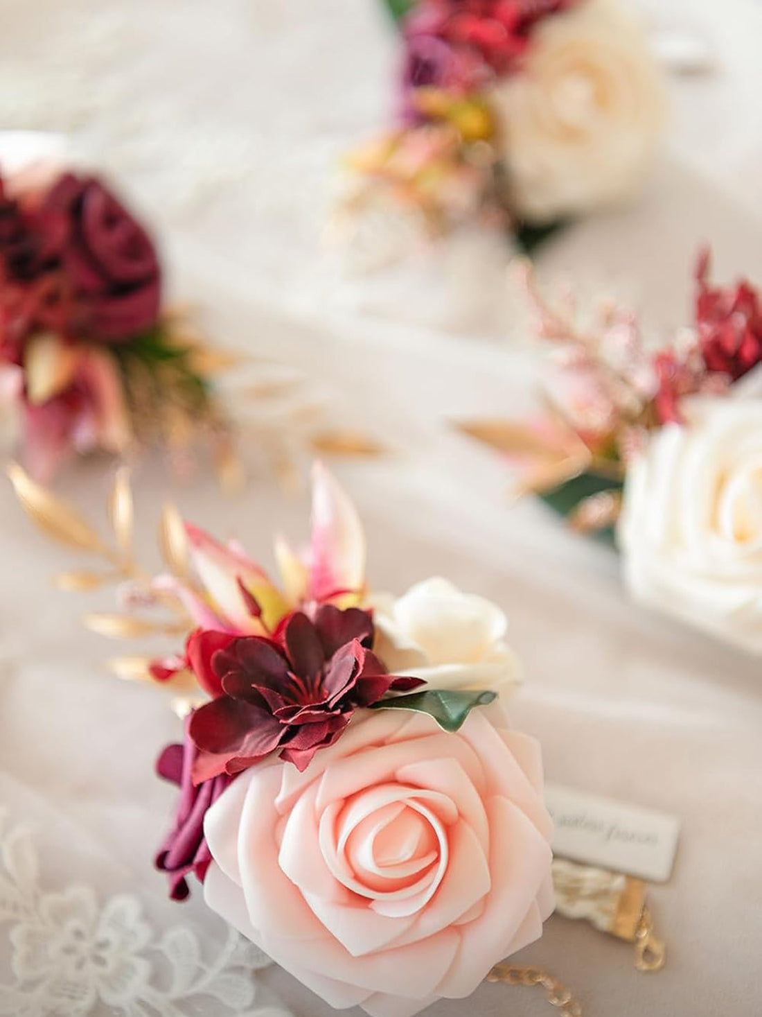 Burgundy Marsala Blush 6pcs Wedding Wrist Corsage Artificial Flowers