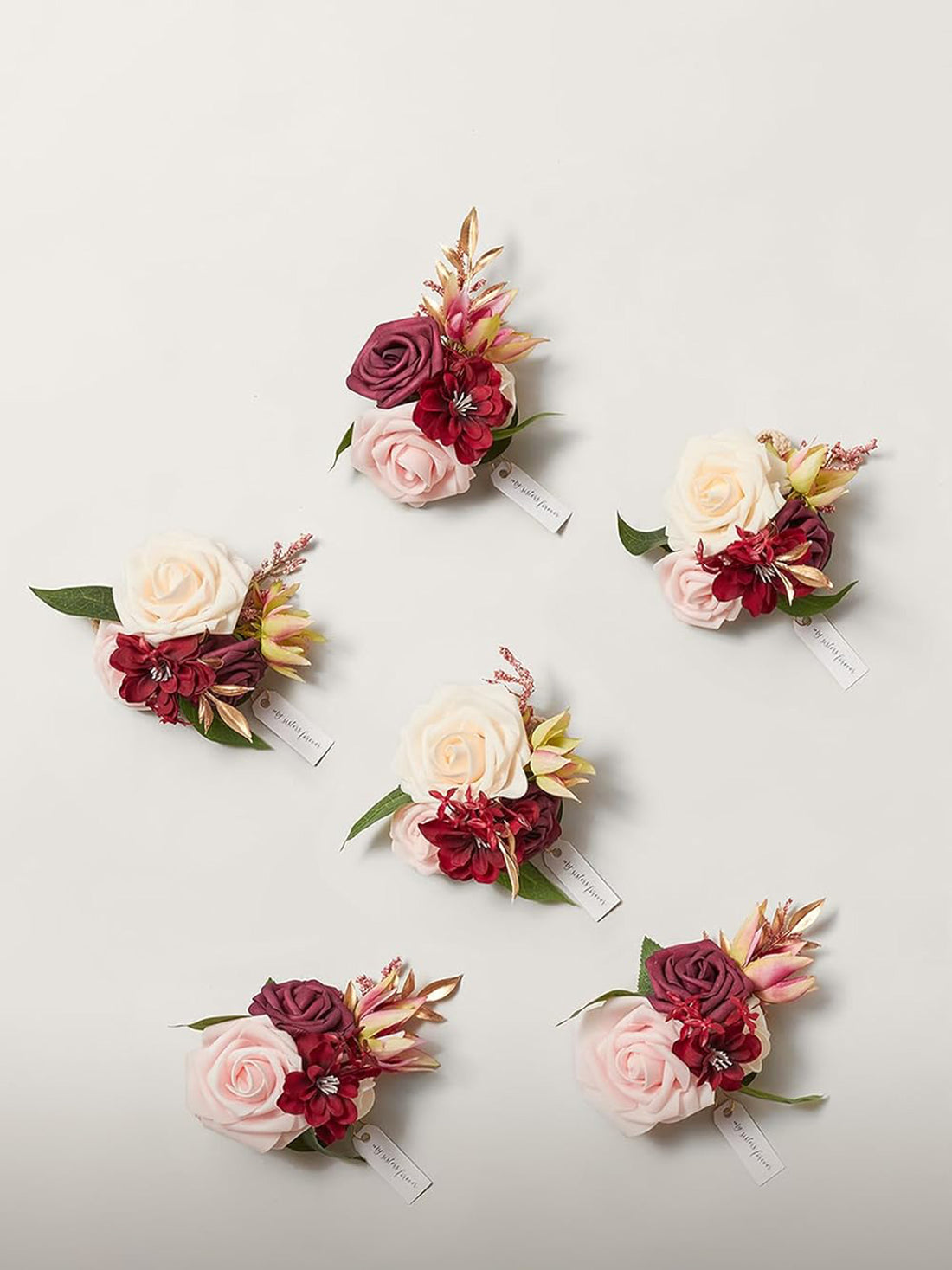 Burgundy Marsala Blush 6pcs Wedding Wrist Corsage Artificial Flowers