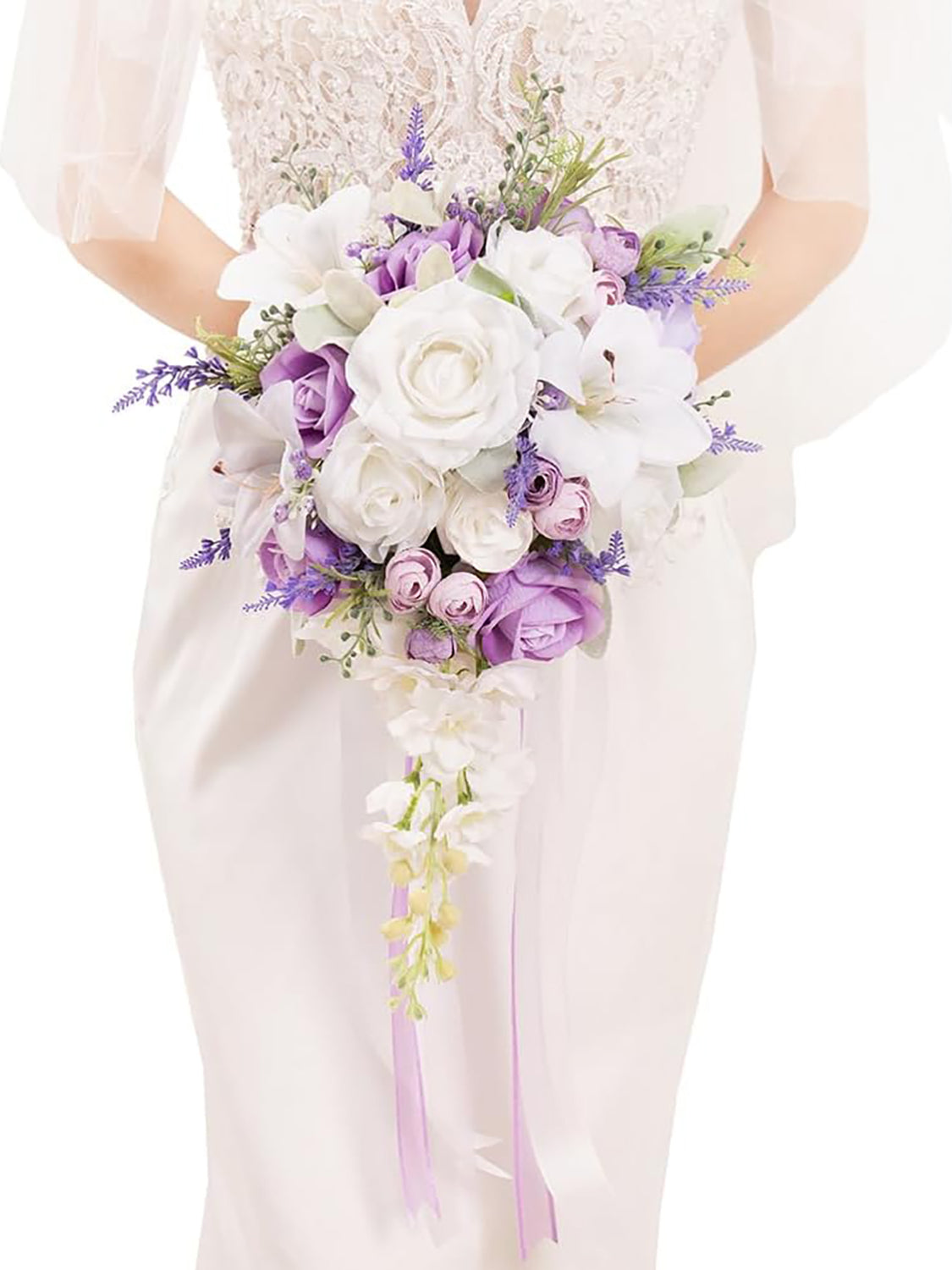 Lilac Purple & White 10 Inch Artificial Flowers Bride Bouquet