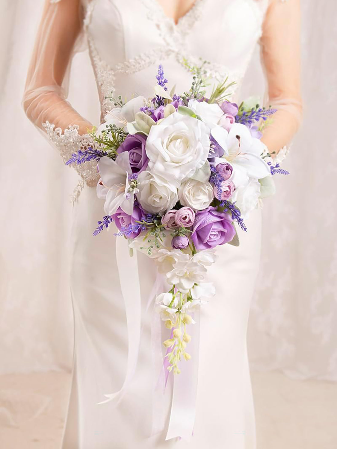 Lilac Purple & White 10 Inch Artificial Flowers Bride Bouquet