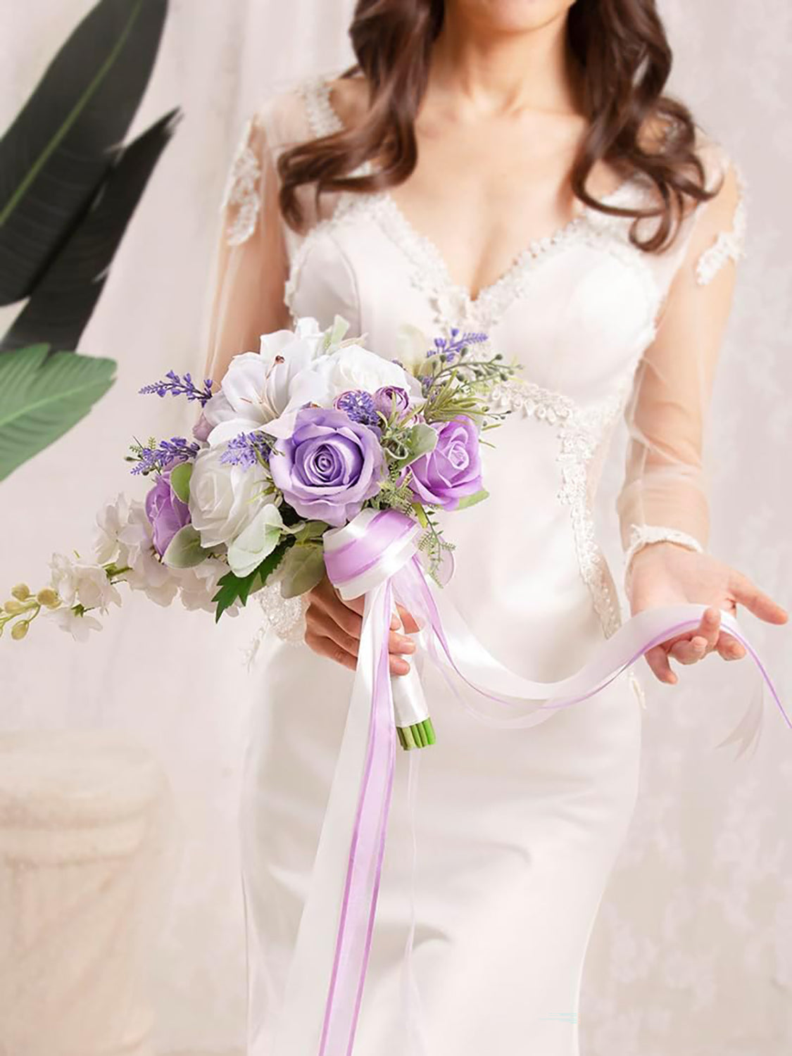 Lilac Purple & White 10 Inch Artificial Flowers Bride Bouquet