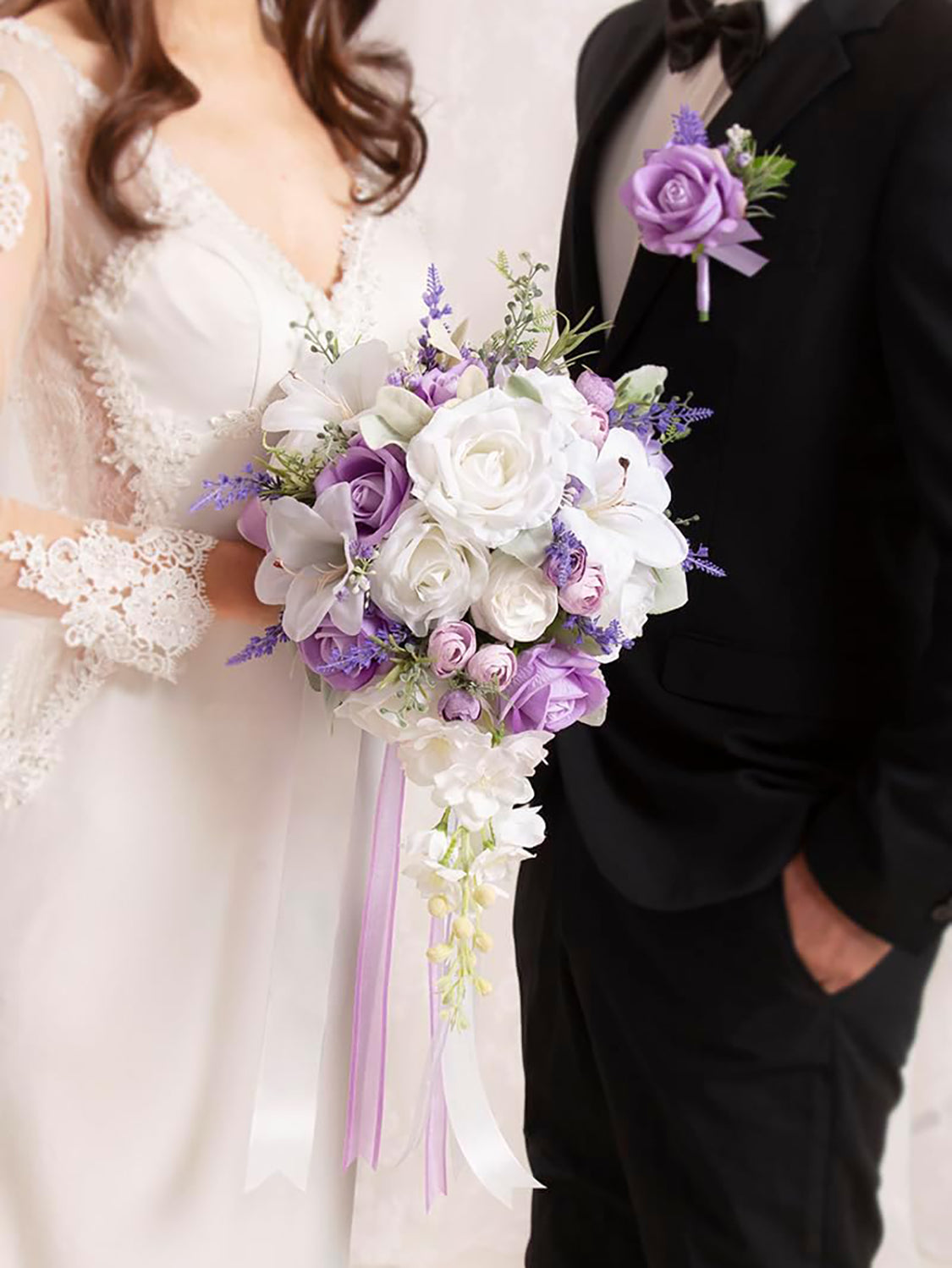 Lilac Purple & White 10 Inch Artificial Flowers Bride Bouquet