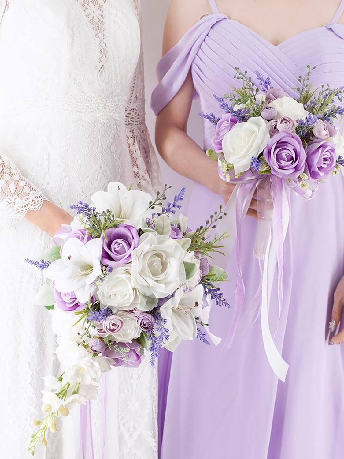 Lilac Purple & White 10 Inch Artificial Flowers Bride Bouquet