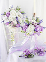Lilac Purple & White 10 Inch Artificial Flowers Bride Bouquet