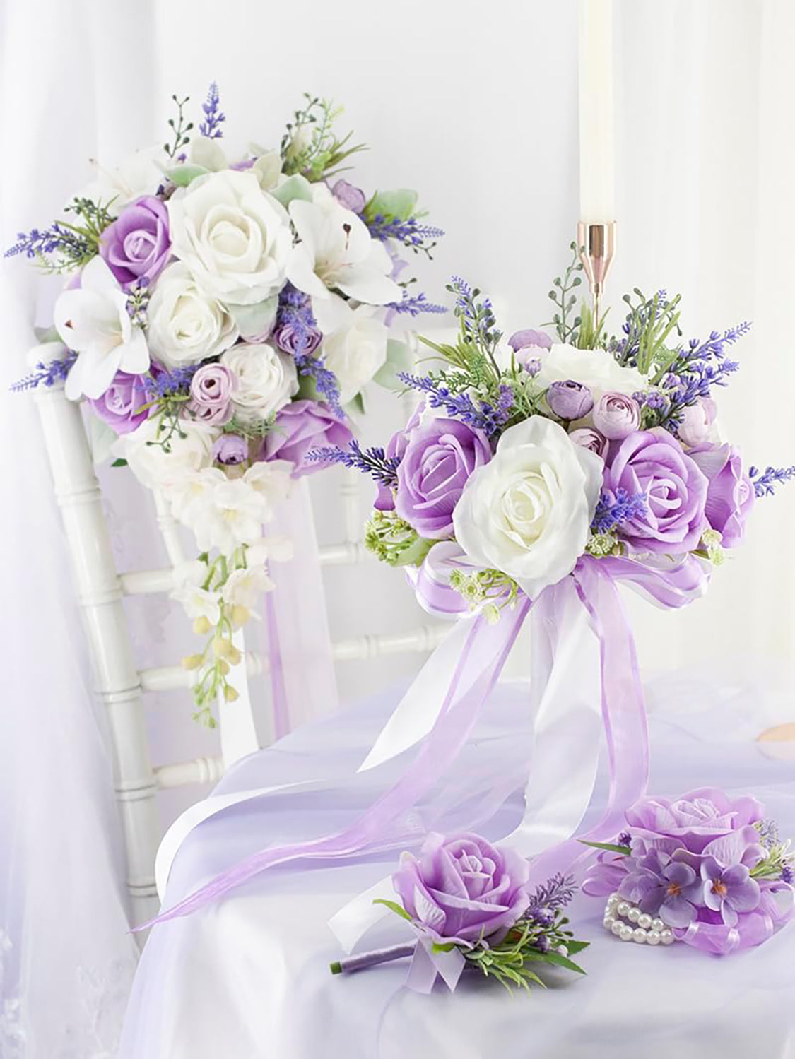 Lilac Purple & White 10 Inch Artificial Flowers Bride Bouquet