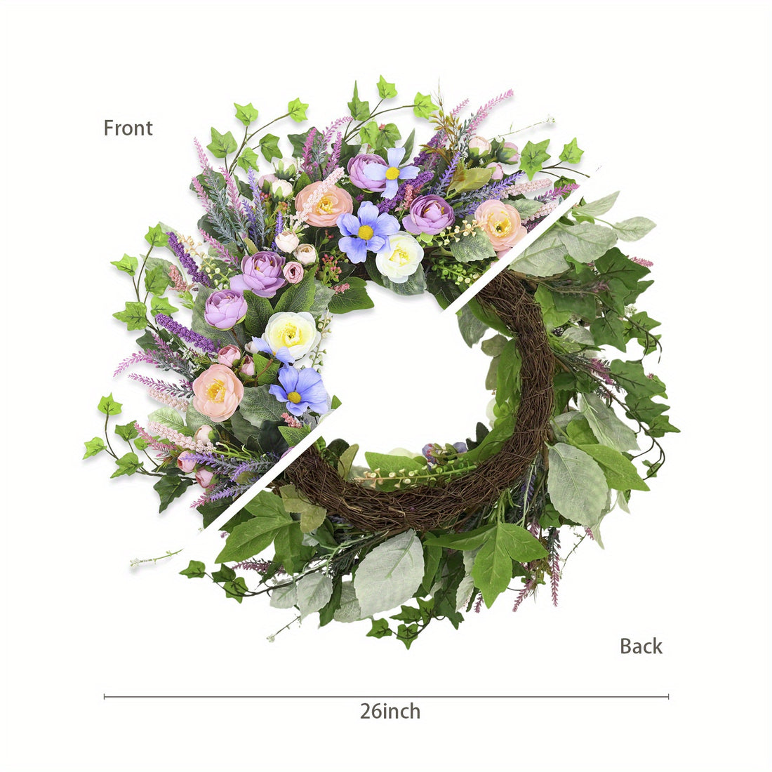 26 Inch Spring Summer Wreath for Front Door with Peony Flowers, Artificial Decor Decorations for Outdoor, Indoors, Valentine, Wedding Pink&Purple&Green, Seasonal Wreath.