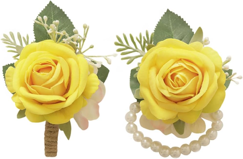 Yellow Artificial Flower Corsage Boutonniere Set 2 Piece For Wedding Decor