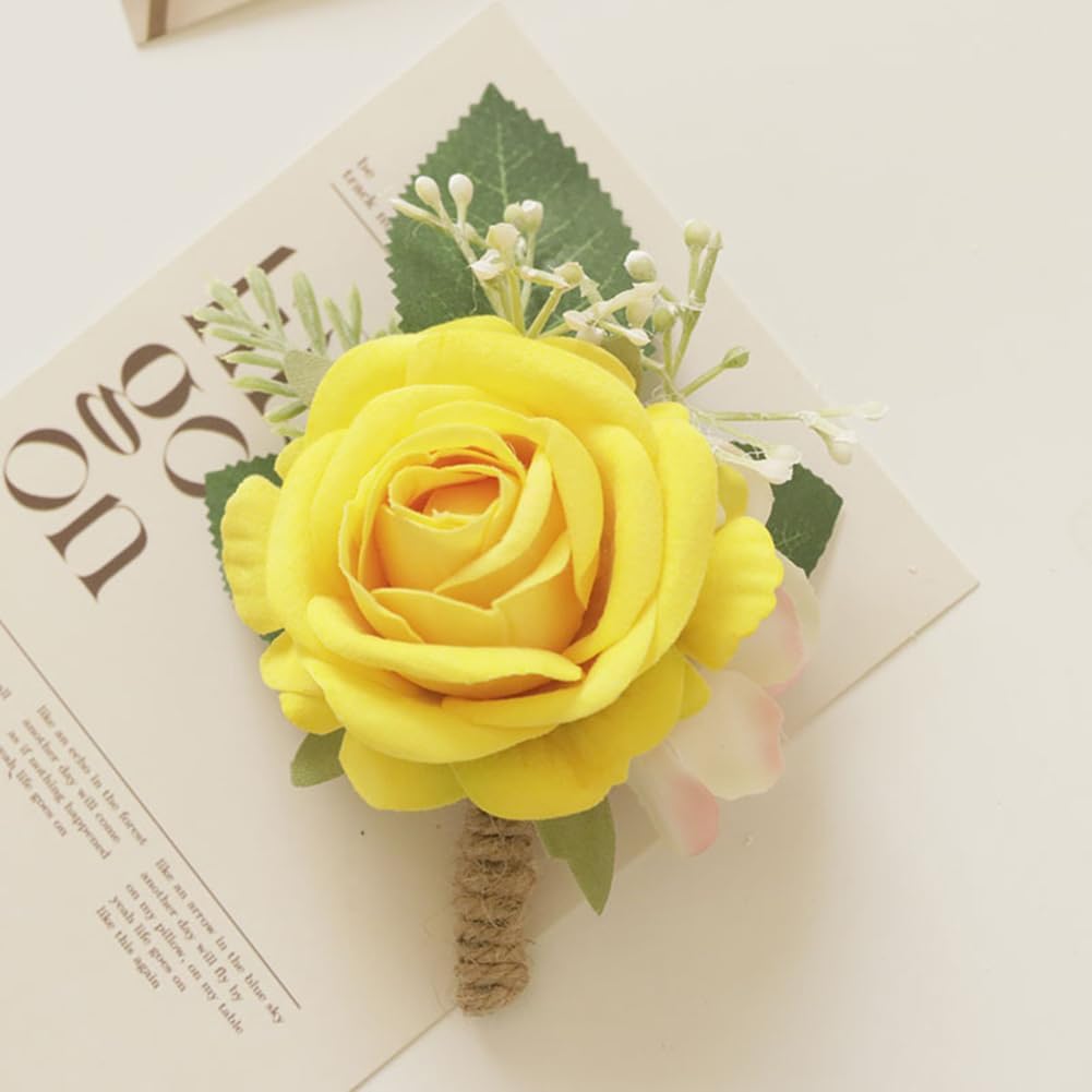 Yellow Artificial Flower Corsage Boutonniere Set 2 Piece For Wedding Decor