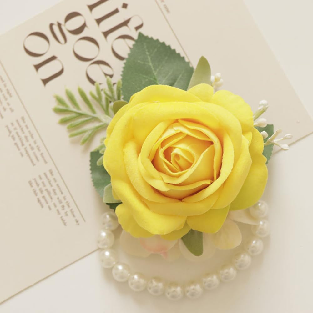Yellow Artificial Flower Corsage Boutonniere Set 2 Piece For Wedding Decor