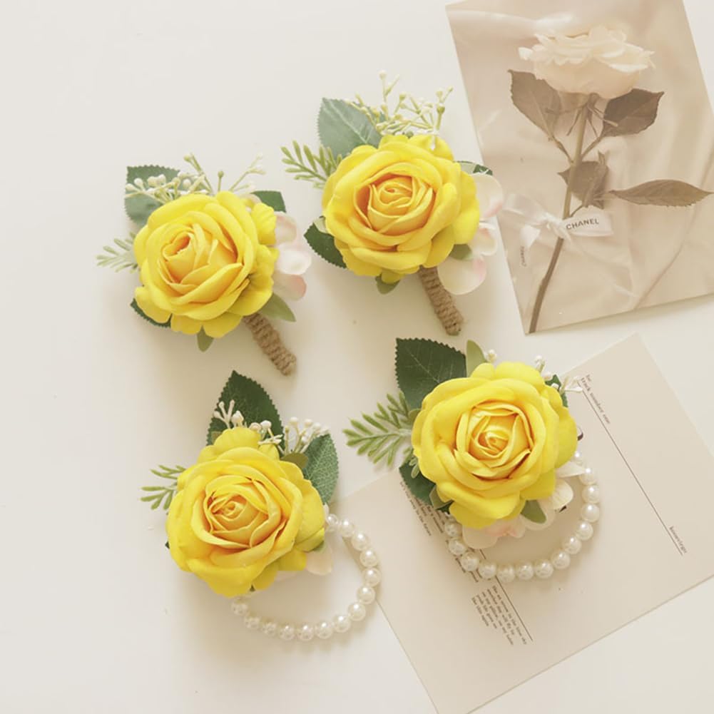 Yellow Artificial Flower Corsage Boutonniere Set 2 Piece For Wedding Decor