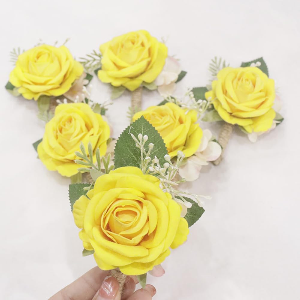 Yellow Artificial Flower Corsage Boutonniere Set 2 Piece For Wedding Decor