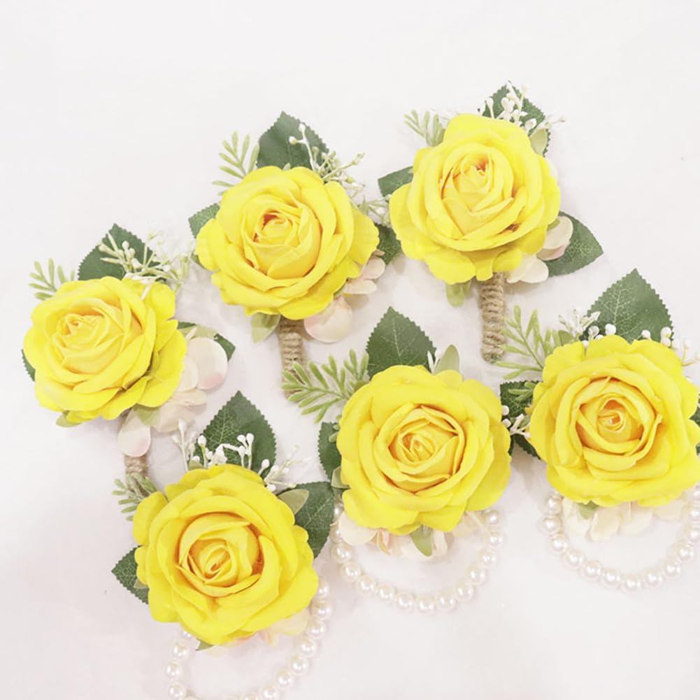 Yellow Artificial Flower Corsage Boutonniere Set 2 Piece For Wedding Decor