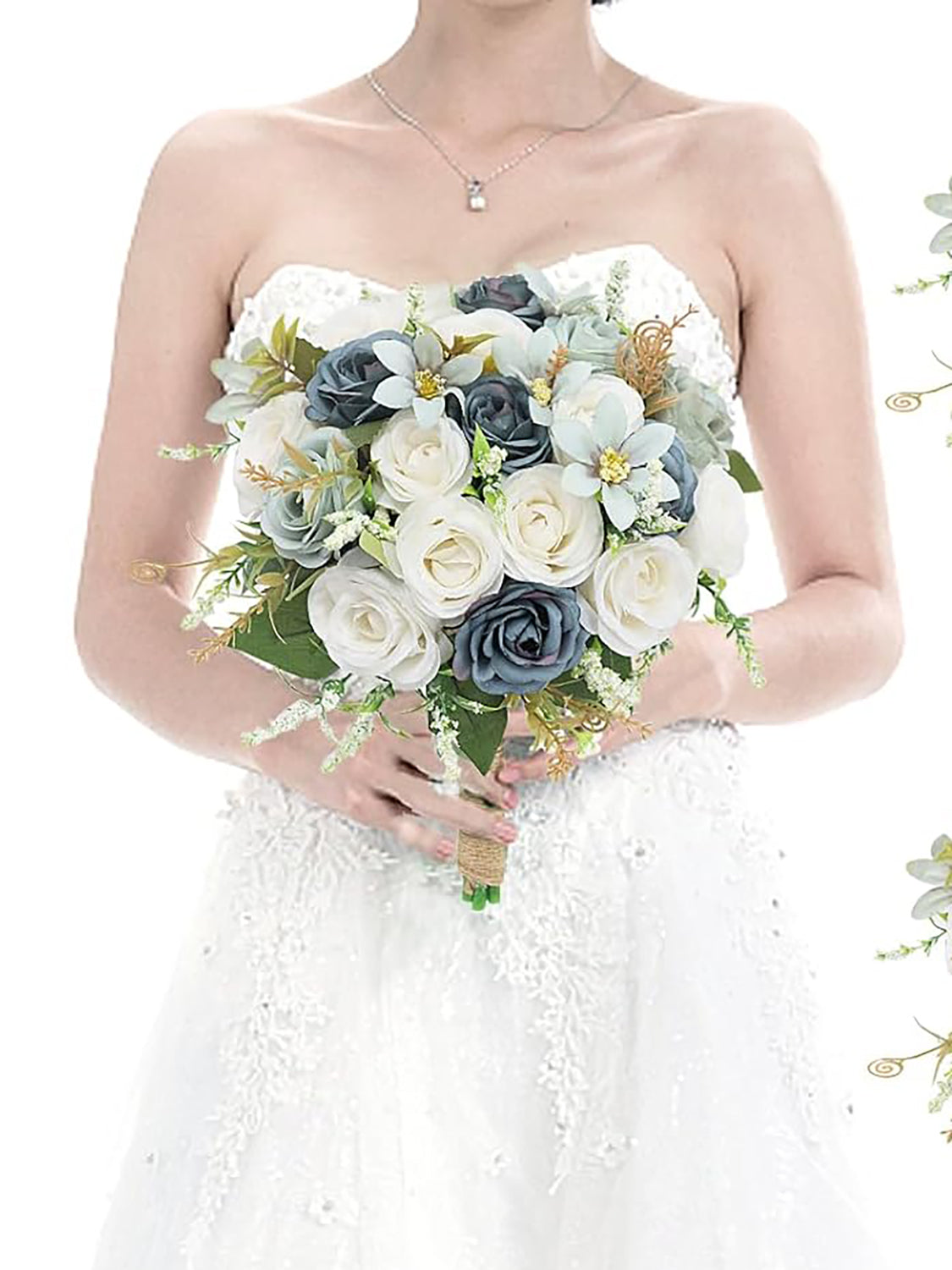 Dusty Blue Wedding Artificial Rose Flower Bridesmaid Bouquet 7 Inch