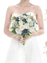 Dusty Blue Wedding Artificial Rose Flower Bridesmaid Bouquet 7 Inch