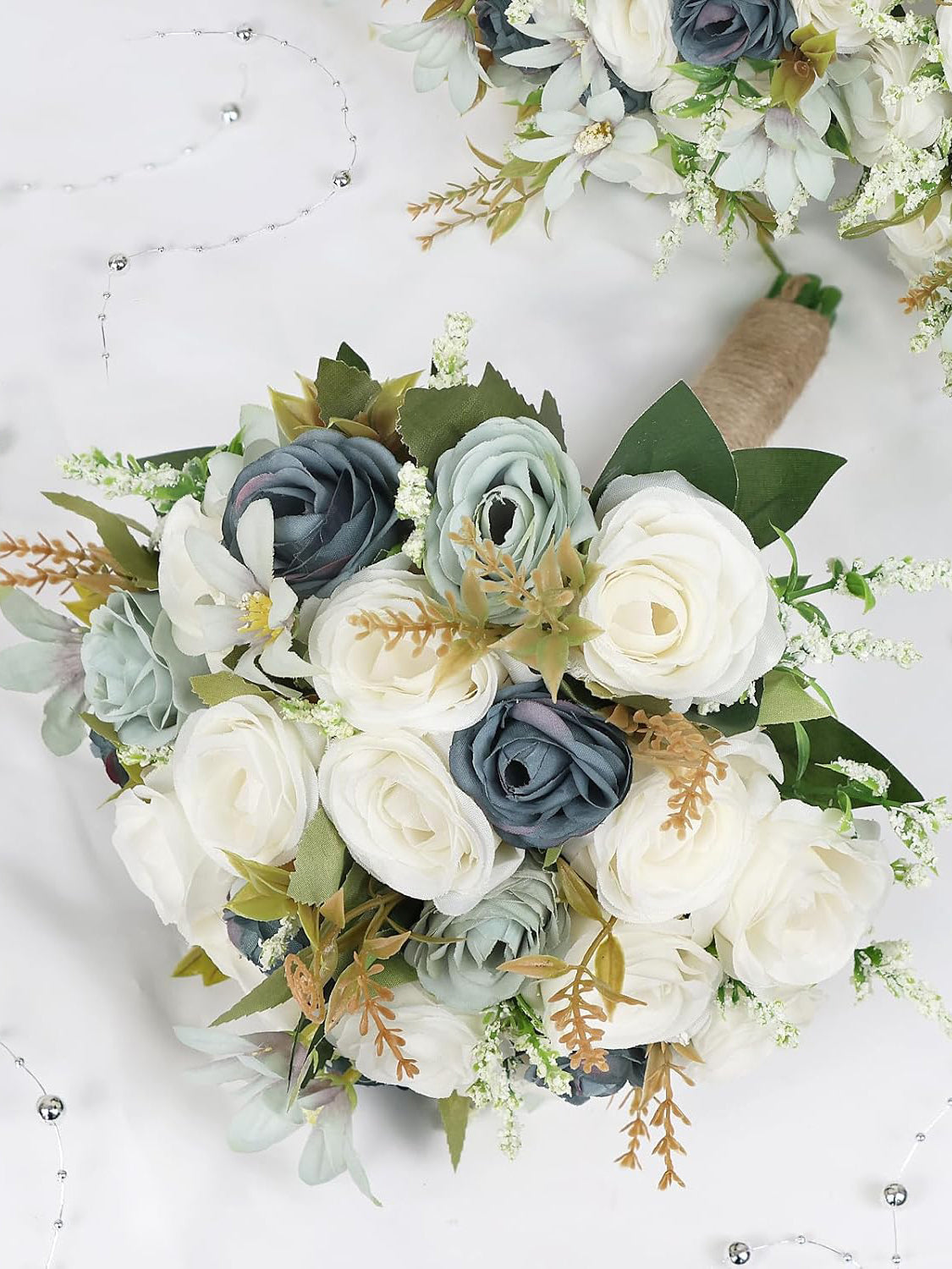 Dusty Blue Wedding Artificial Rose Flower Bridesmaid Bouquet 7 Inch