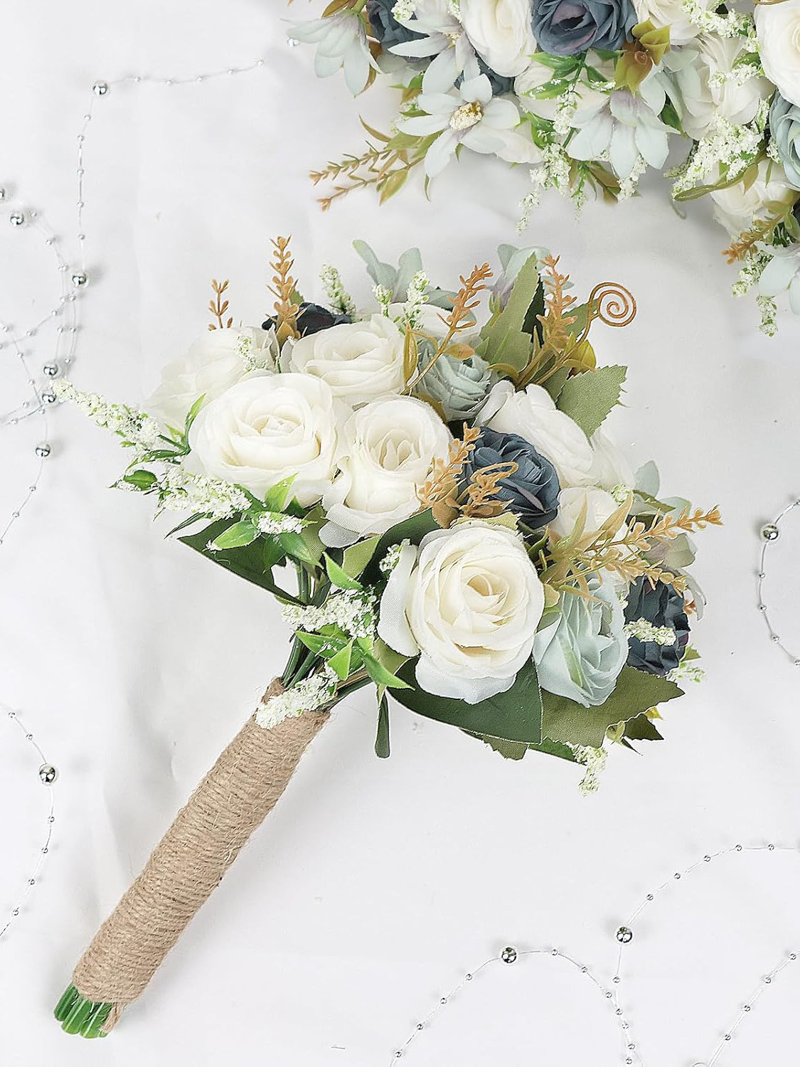 Dusty Blue Wedding Artificial Rose Flower Bridesmaid Bouquet 7 Inch