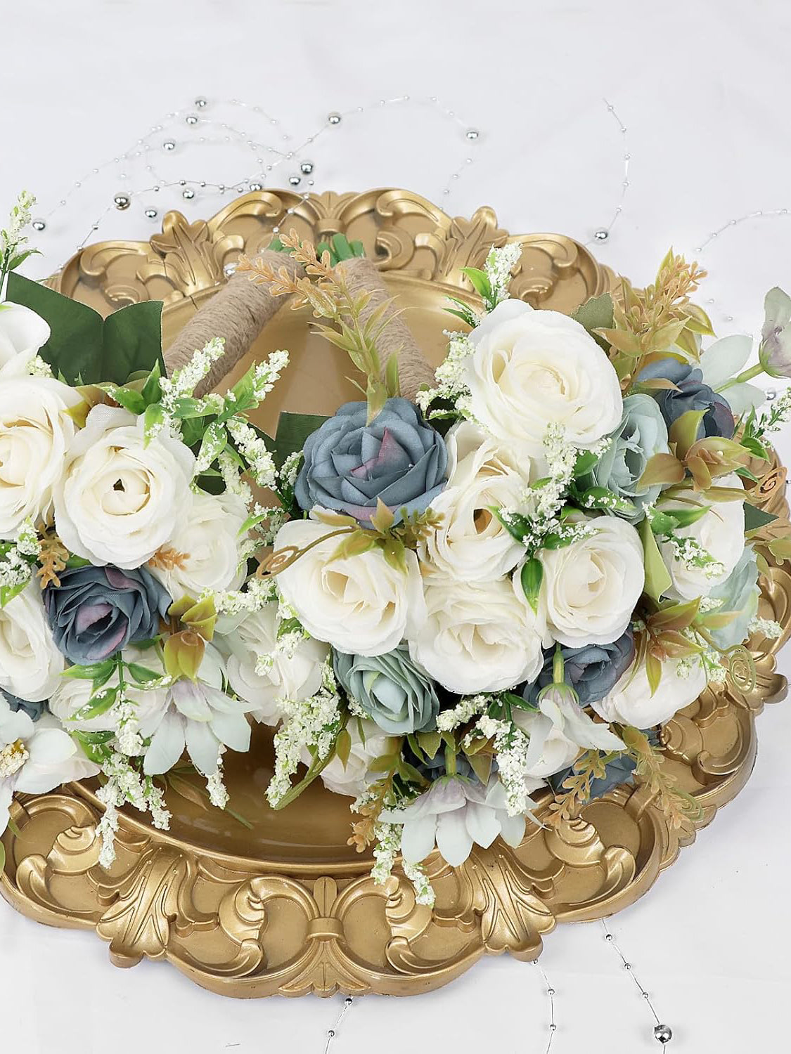 Dusty Blue Wedding Artificial Rose Flower Bridesmaid Bouquet 7 Inch