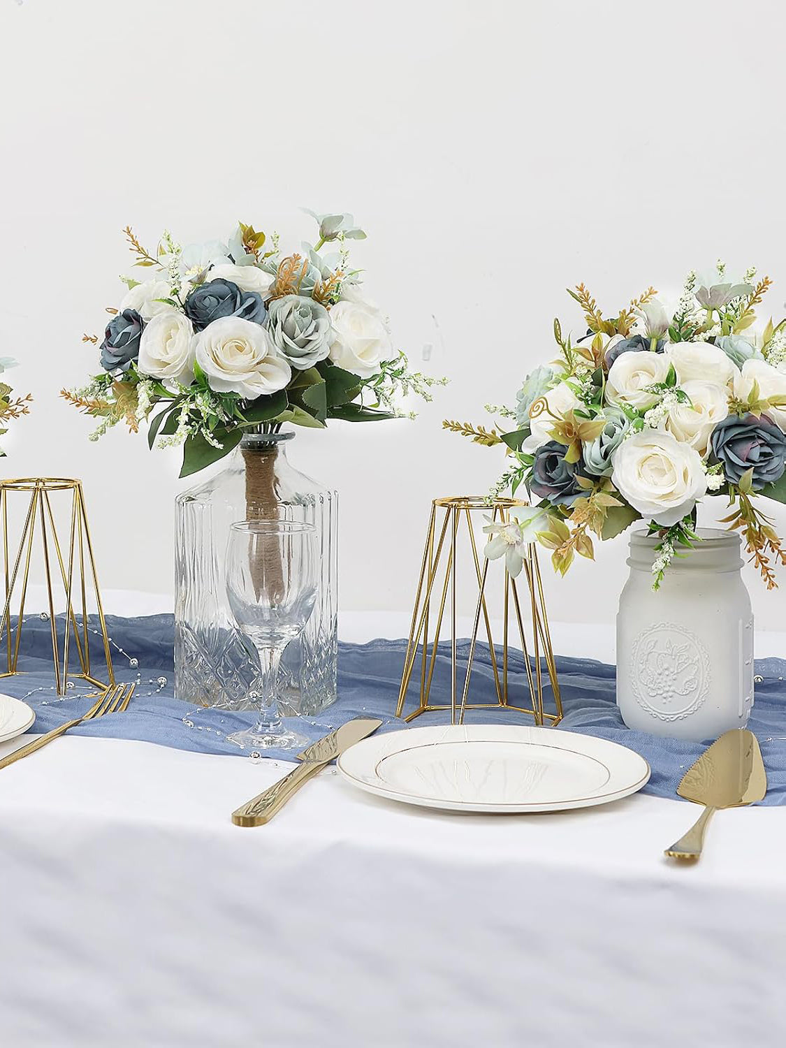 Dusty Blue Wedding Artificial Rose Flower Bridesmaid Bouquet 7 Inch