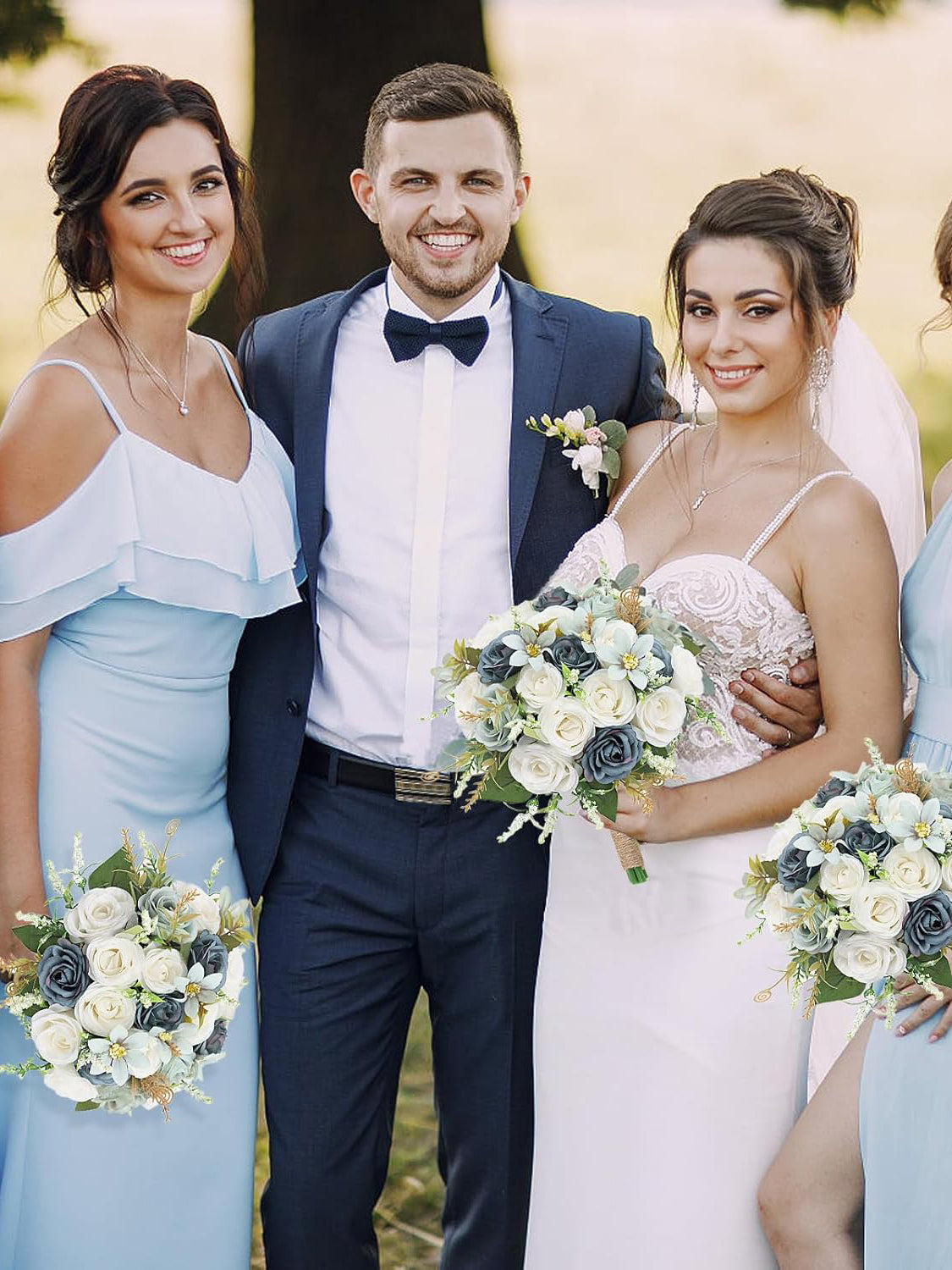 Dusty Blue Wedding Artificial Rose Flower Bridesmaid Bouquet 7 Inch