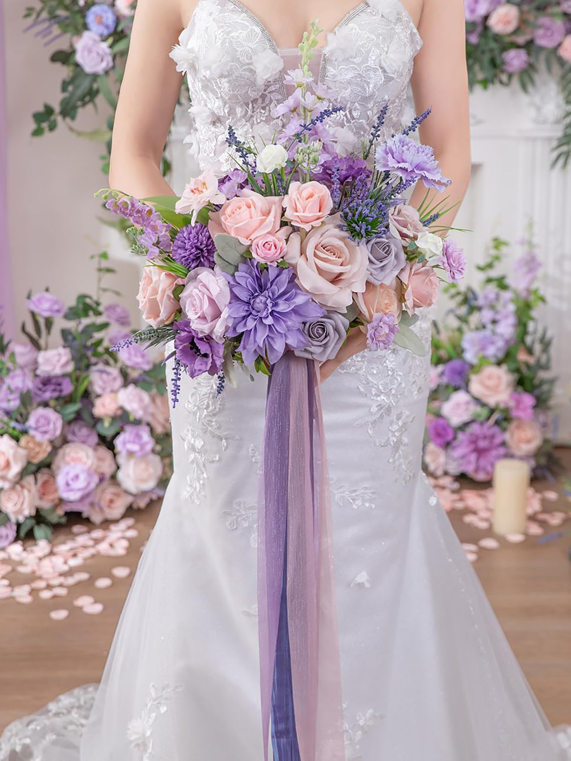 Violet & Misty Rose 13 Inch Artificial Flower Wedding Bouquets for Bride