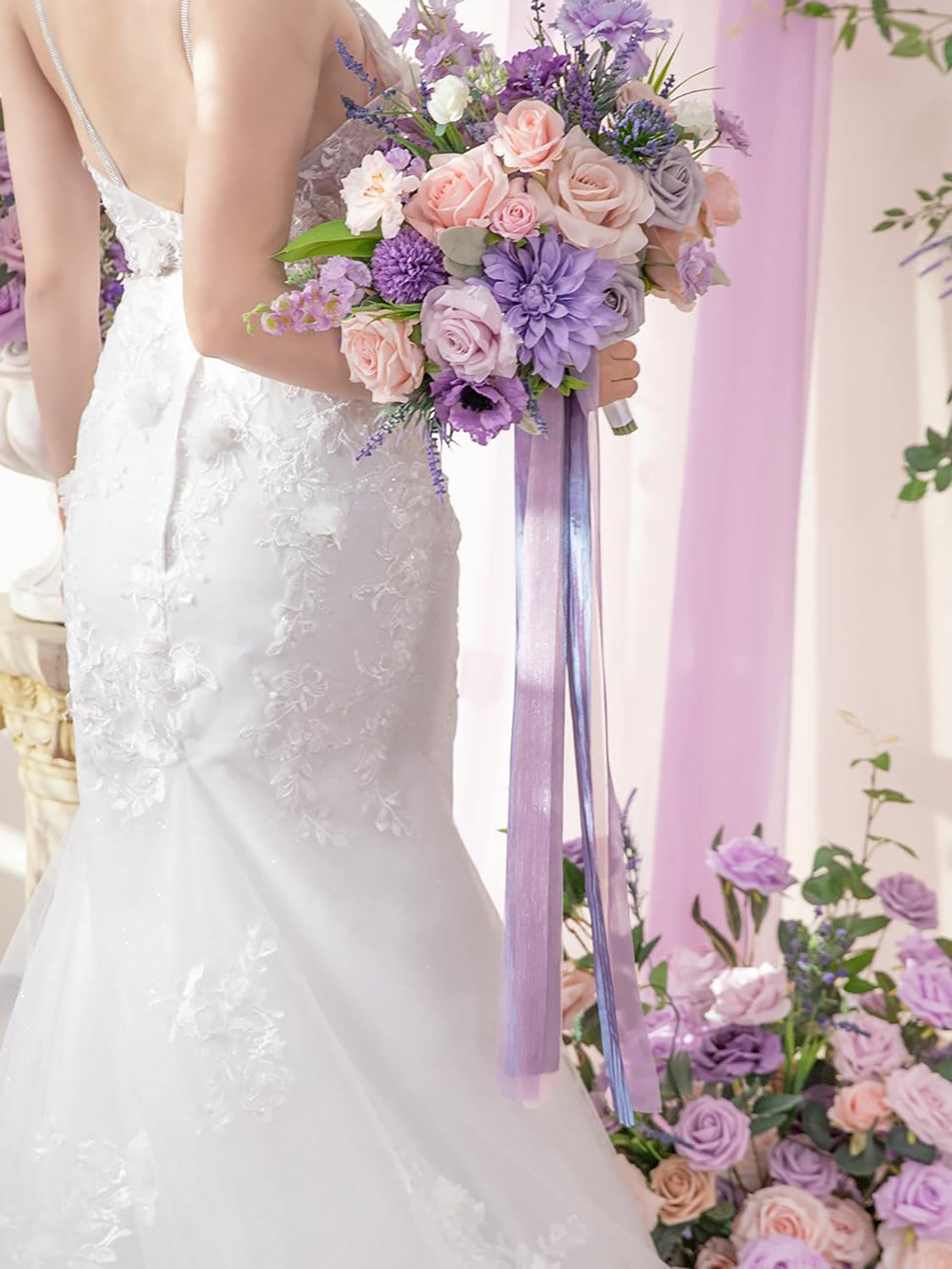Violet & Misty Rose 13 Inch Artificial Flower Wedding Bouquets for Bride