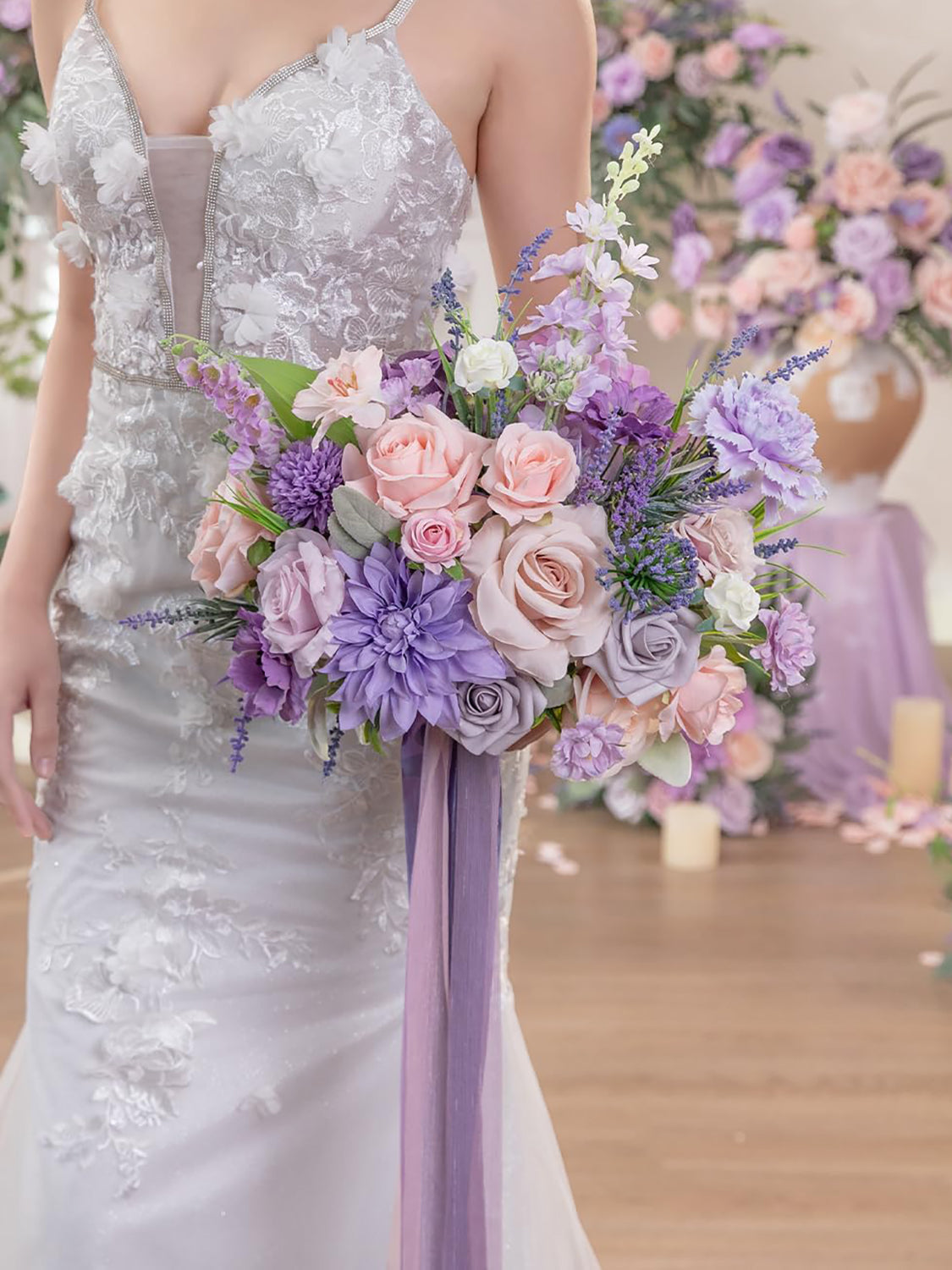 Violet & Misty Rose 13 Inch Artificial Flower Wedding Bouquets for Bride