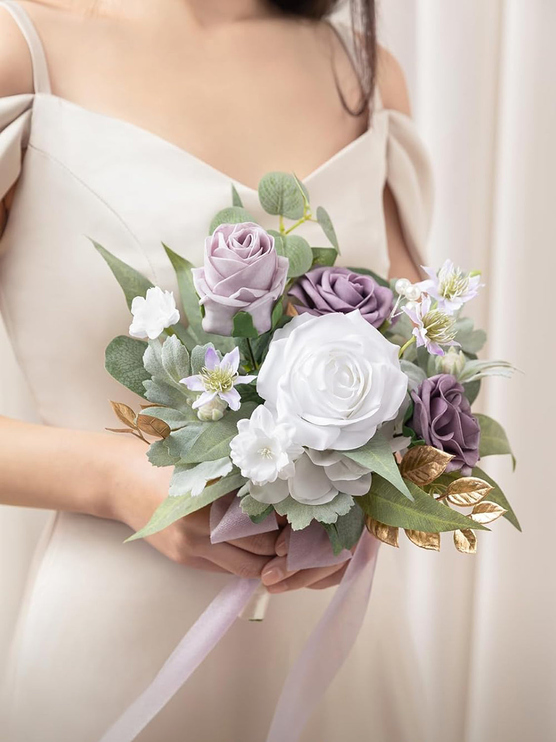 Gold & Lilac Purple 7-inch Artificial Flower Bouquets for Bridesmaid
