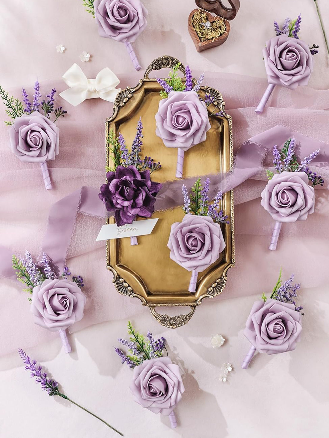 Lavender & Plum 10pcs Groom & Groomsmen Boutonnieres Set
