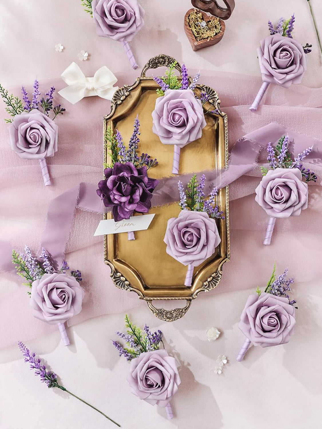 Lavender & Plum 10pcs Groom & Groomsmen Boutonnieres Set