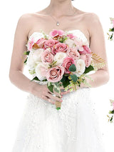 Dusty Pink And White Artificial Ivory Bridesmaid Bouquets Set Of 6 For Wedding
