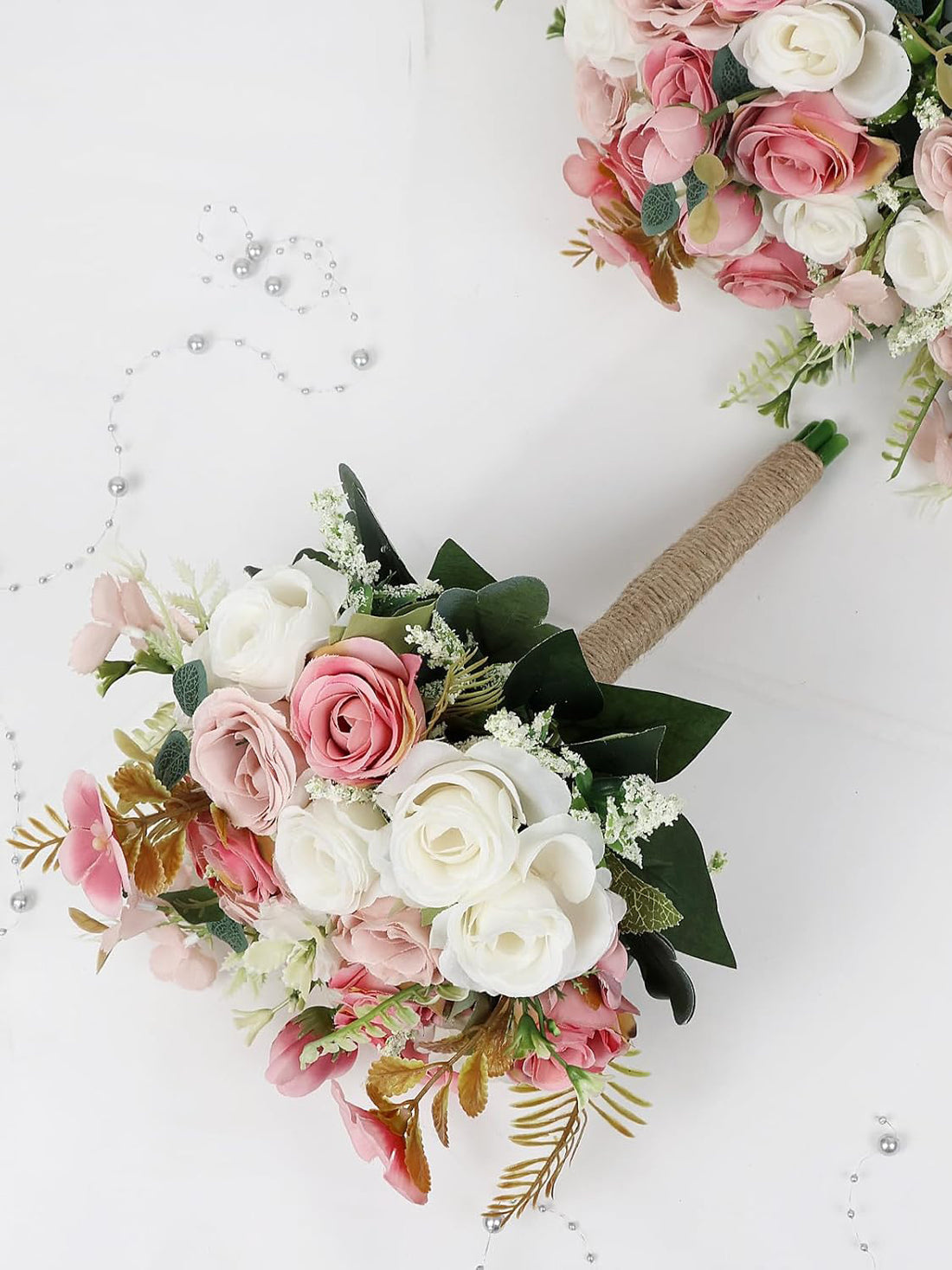 Dusty Pink And White Artificial Ivory Bridesmaid Bouquets Set Of 6 For Wedding