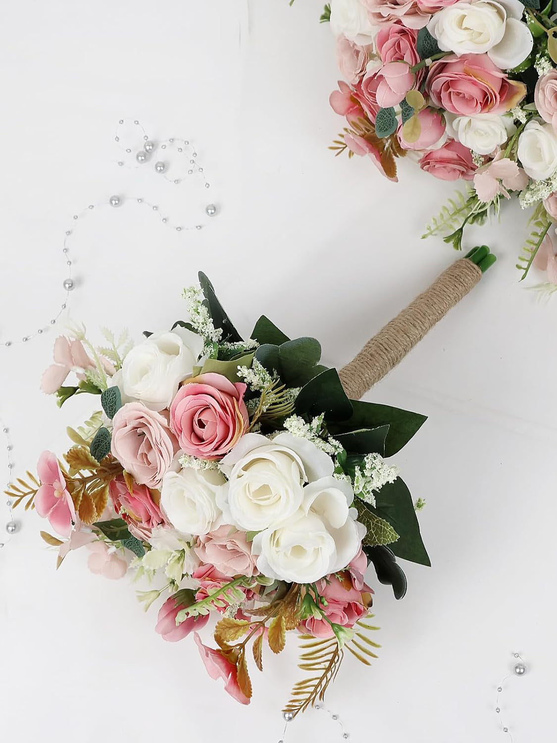 Dusty Pink And White Artificial Ivory Bridesmaid Bouquets Set Of 6 For Wedding