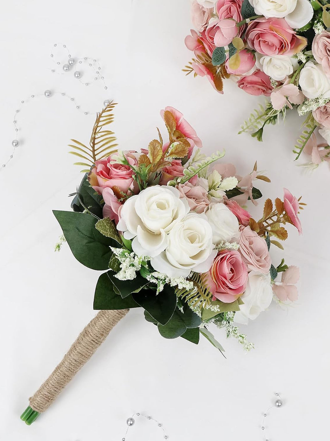 Dusty Pink And White Artificial Ivory Bridesmaid Bouquets Set Of 6 For Wedding