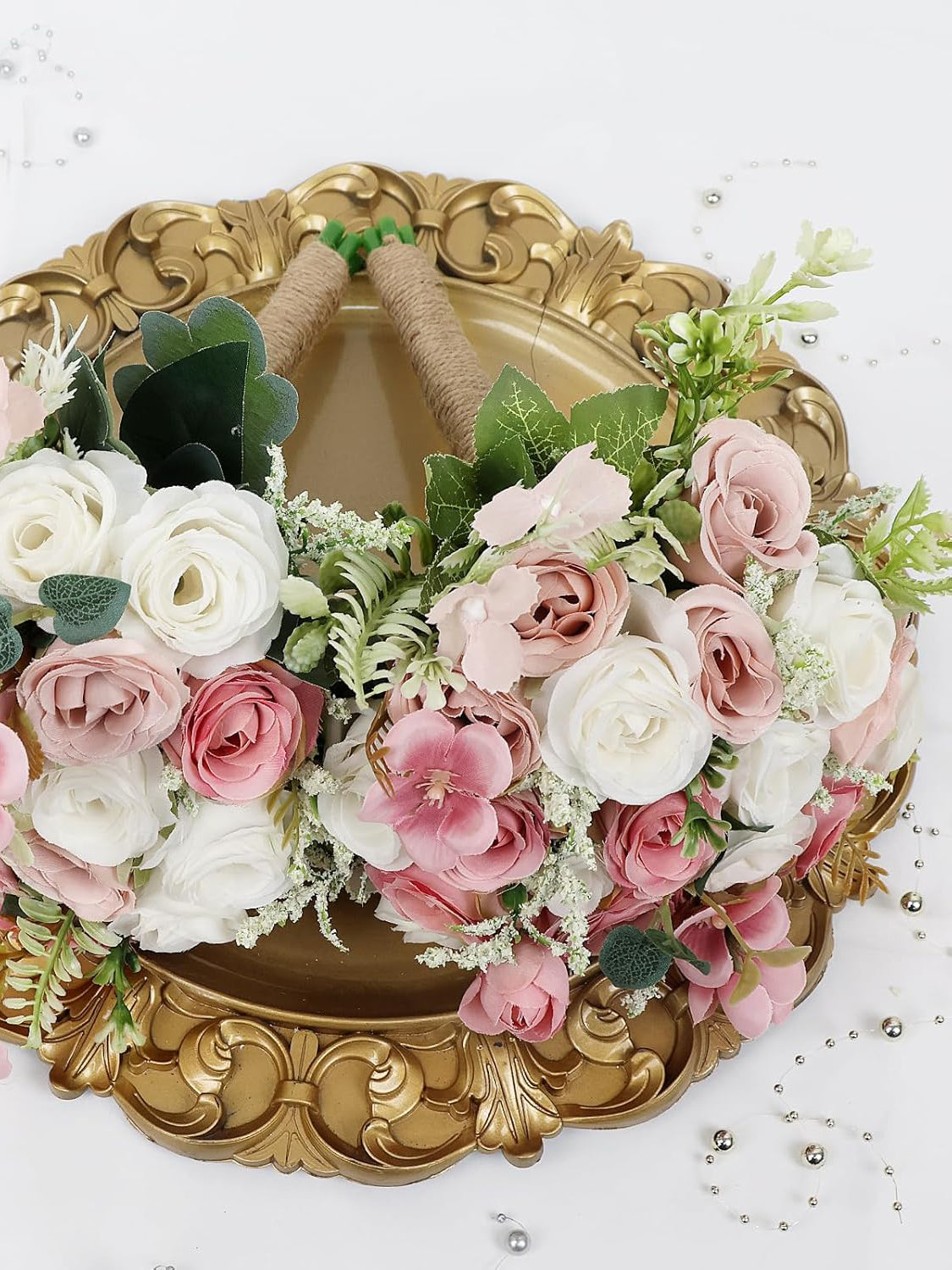 Dusty Pink And White Artificial Ivory Bridesmaid Bouquets Set Of 6 For Wedding