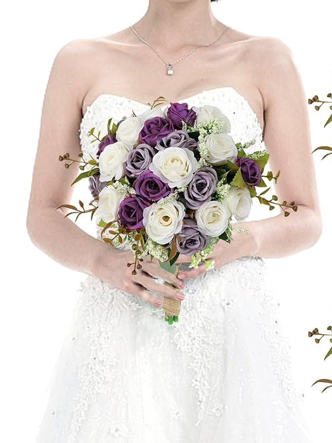 Bridesmaid Bouquets Set of 6 7 Inch Artificial Ivory Flower Dusty Purple