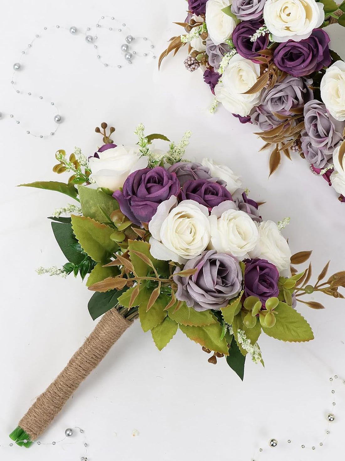Bridesmaid Bouquets Set of 6 7 Inch Artificial Ivory Flower Dusty Purple